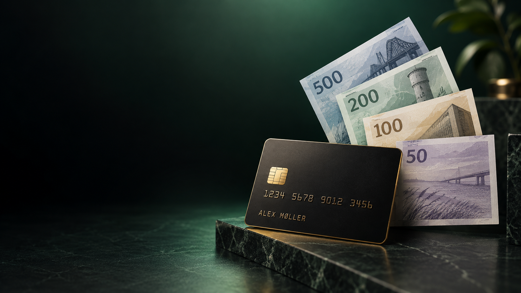 Sort kreditkort og stiliserede danske pengesedler